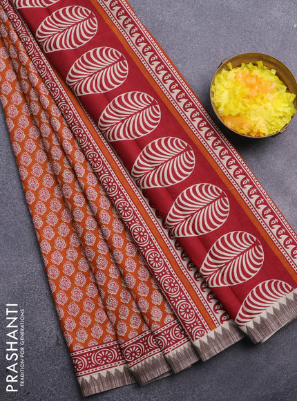 Muslin cotton saree dark mustard and maroon grey with allover floral butta prints and printed border