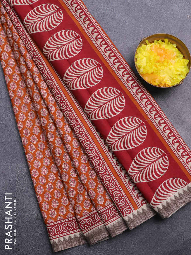 Muslin cotton saree dark mustard and maroon grey with allover floral butta prints and printed border