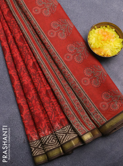 Muslin cotton saree reddish orange and brown with allover kalamkari prints and small zari woven border