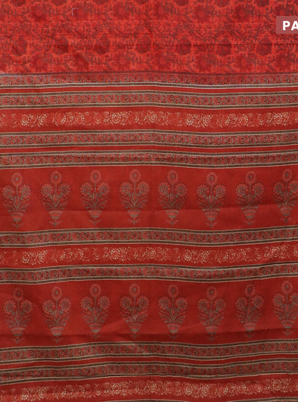 Muslin cotton saree reddish orange and brown with allover kalamkari prints and small zari woven border