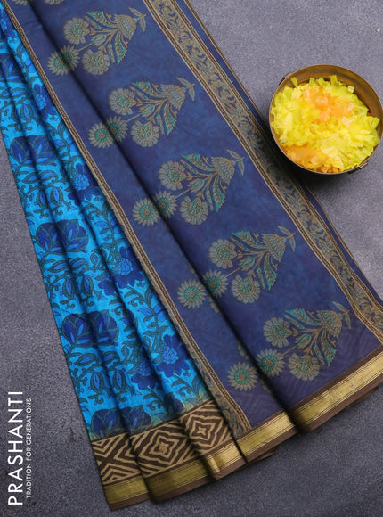 Muslin cotton saree cs blue and brown with allover kalamkari prints and small zari woven border