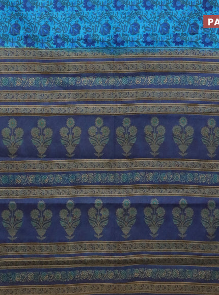 Muslin cotton saree cs blue and brown with allover kalamkari prints and small zari woven border