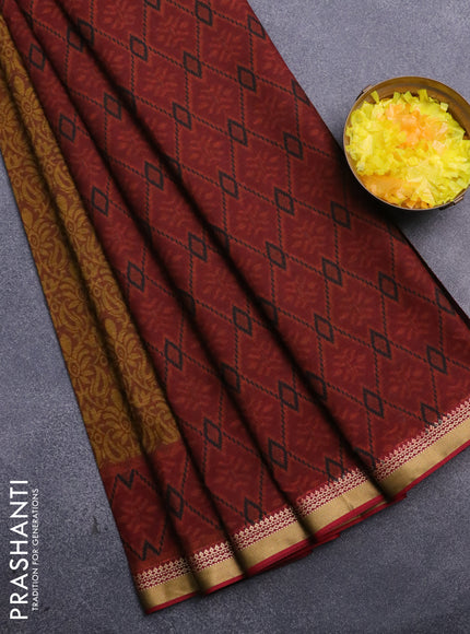 Muslin cotton saree dark mustard and maroon with allover prints and thread woven border