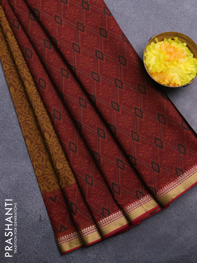 Muslin cotton saree dark mustard and maroon with allover prints and thread woven border