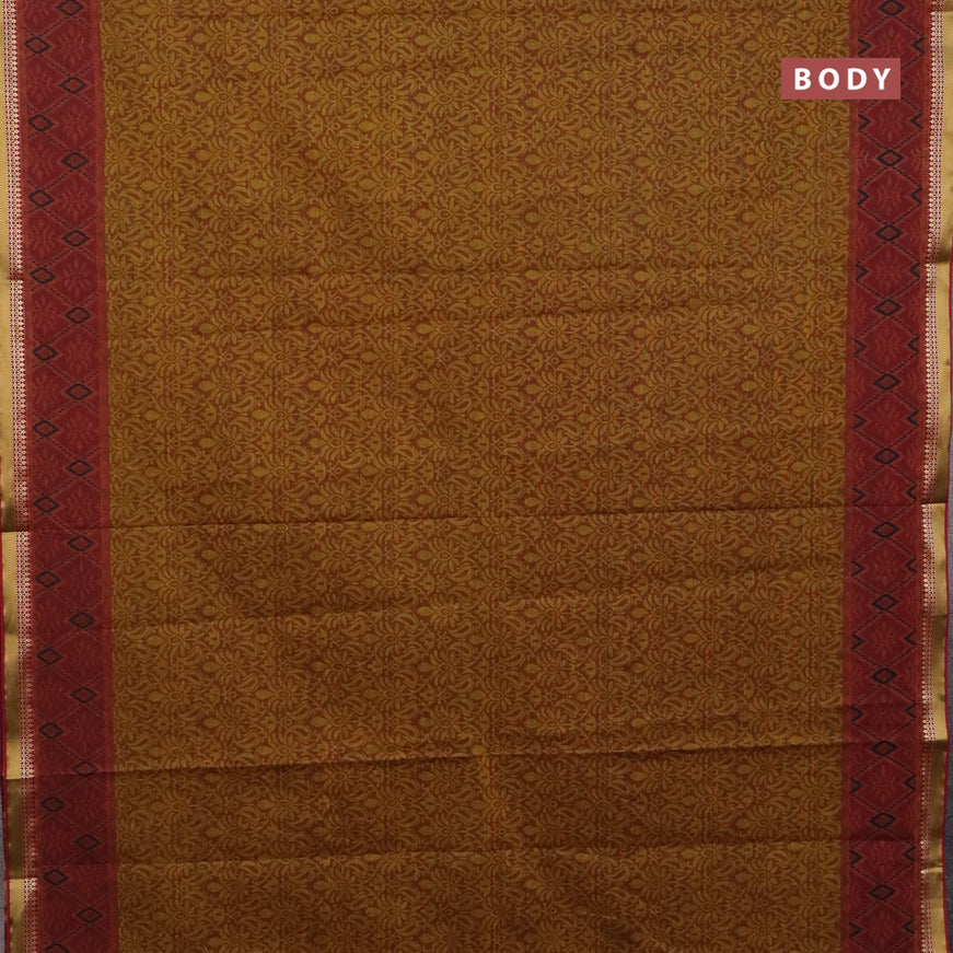 Muslin cotton saree dark mustard and maroon with allover prints and thread woven border