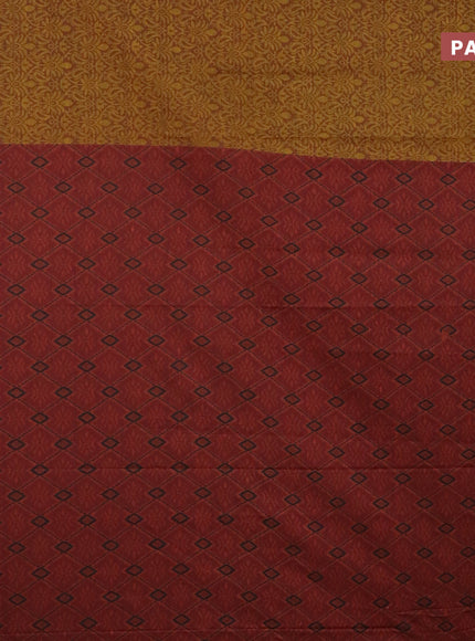 Muslin cotton saree dark mustard and maroon with allover prints and thread woven border