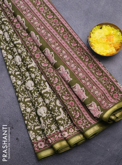 Muslin cotton saree sap green and beige with allover prints and small zari woven border