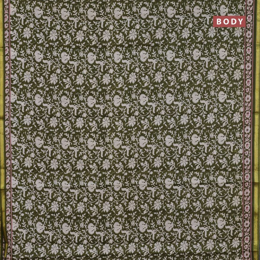 Muslin cotton saree sap green and beige with allover prints and small zari woven border