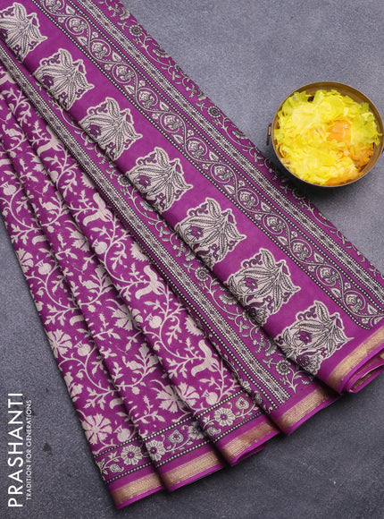 Muslin cotton saree purple and beige with allover prints and small zari woven border