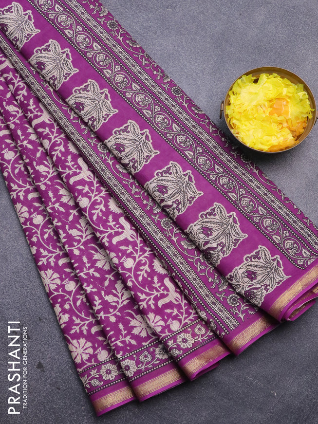 Muslin cotton saree purple and beige with allover prints and small zari woven border