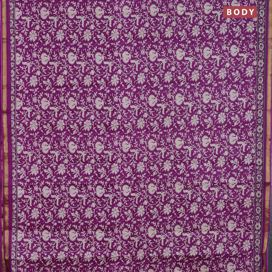 Muslin cotton saree purple and beige with allover prints and small zari woven border