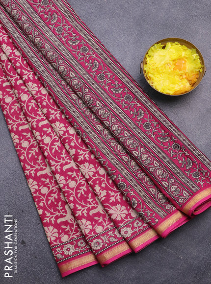 Muslin cotton saree pink and beige with allover prints and small zari woven border