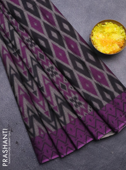 Muslin cotton saree grey and deep purple with geometric prints and printed border