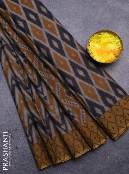 Muslin cotton saree grey and mustard yellow with geometric prints and printed border