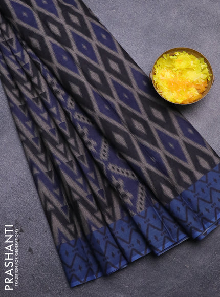 Muslin cotton saree grey and blue with geometric prints and printed border