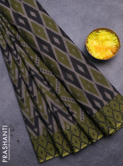 Muslin cotton saree grey and sap green with geometric prints and printed border