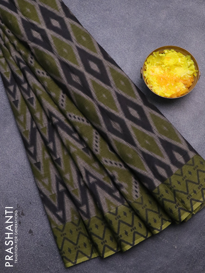 Muslin cotton saree grey and sap green with geometric prints and printed border