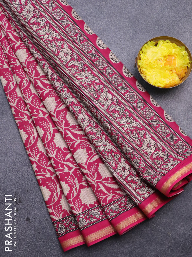 Muslin cotton saree pink and beige with allover prints and small zari woven border