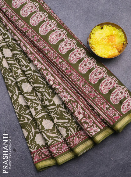 Muslin cotton saree sap green and beige with allover prints and small zari woven border