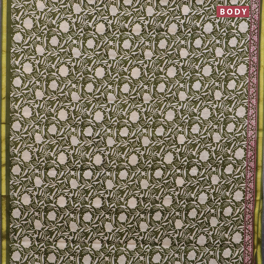 Muslin cotton saree sap green and beige with allover prints and small zari woven border