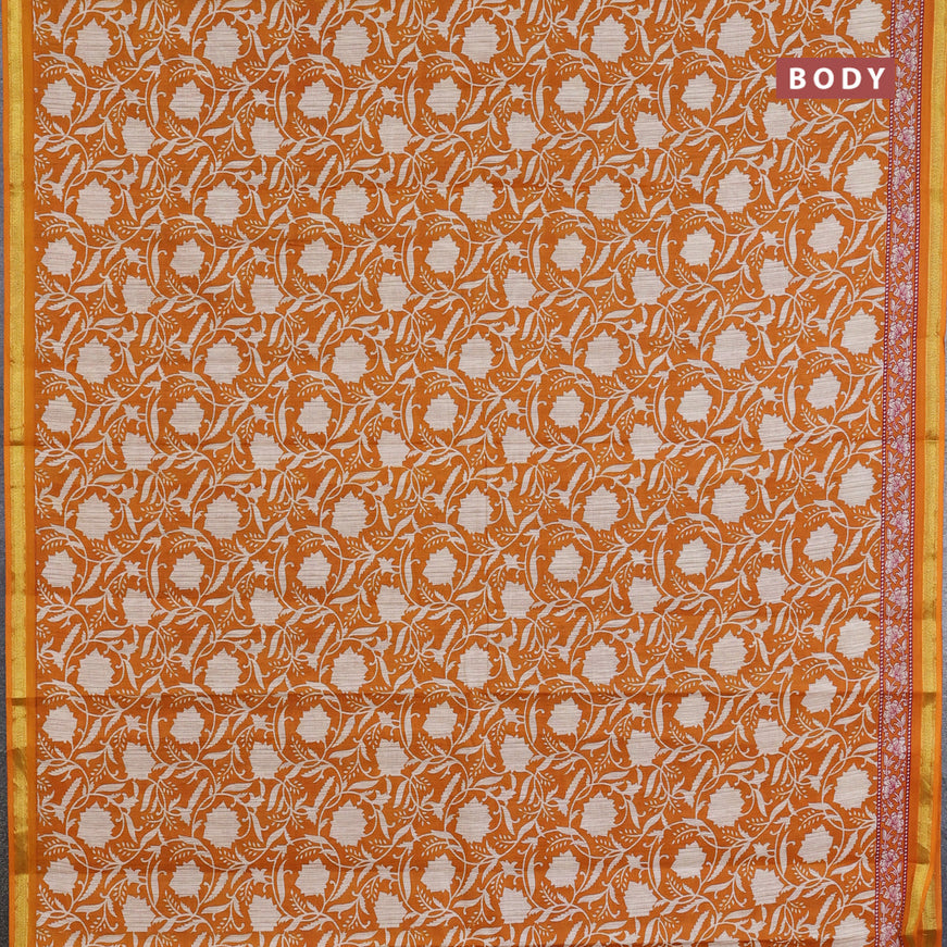 Muslin cotton saree mustard yellow and beige with allover prints and small zari woven border