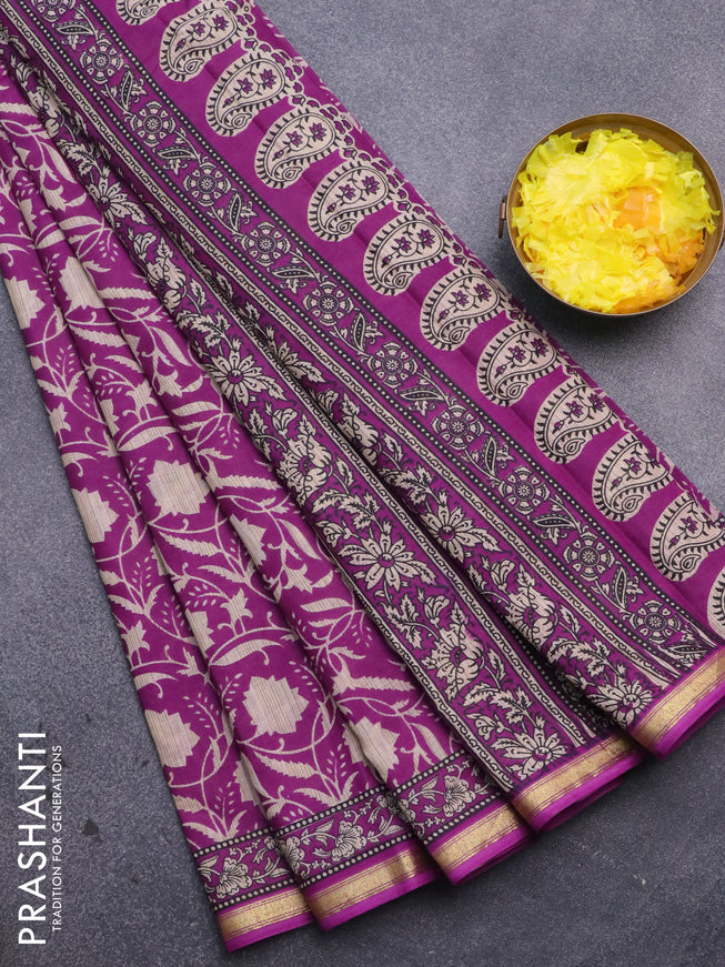 Muslin cotton saree purple and beige with allover prints and small zari woven border