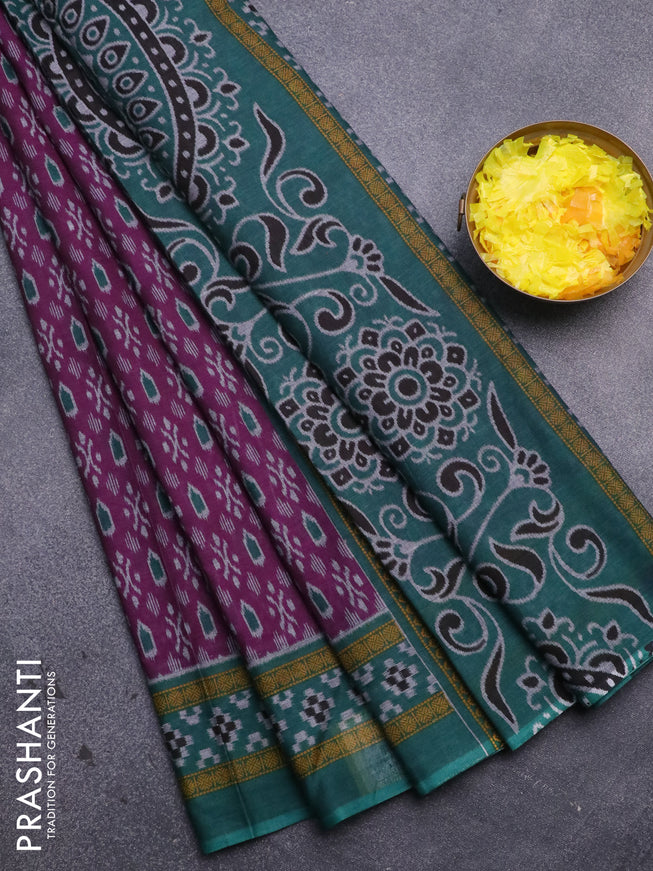 Muslin cotton saree purple and teal green with allover ikat prints and printed border