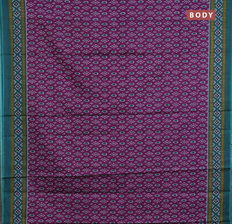 Muslin cotton saree purple and teal green with allover ikat prints and printed border