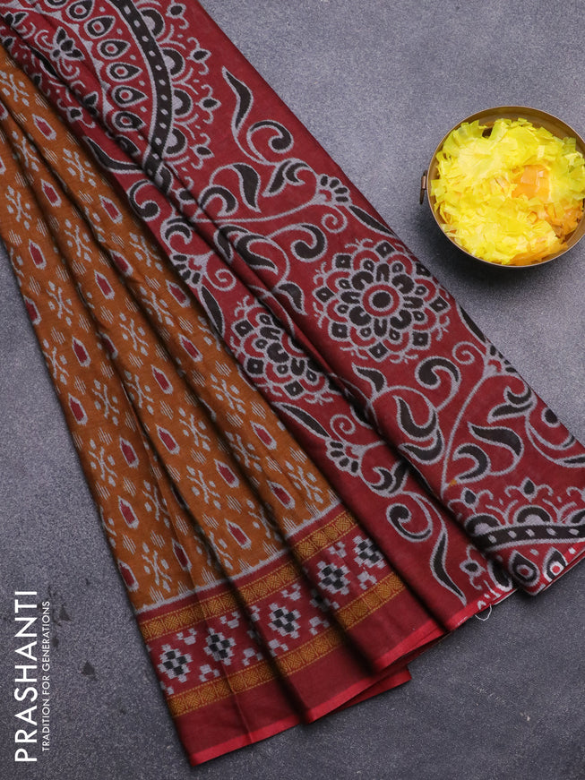 Muslin cotton saree dark mustard and maroon with allover ikat prints and printed border