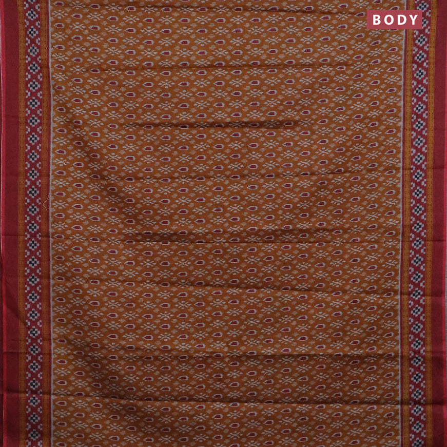 Muslin cotton saree dark mustard and maroon with allover ikat prints and printed border