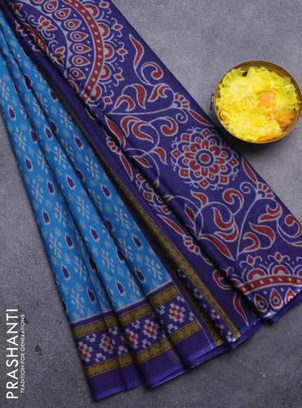 Muslin cotton saree cs blue and blue with allover ikat prints and printed border