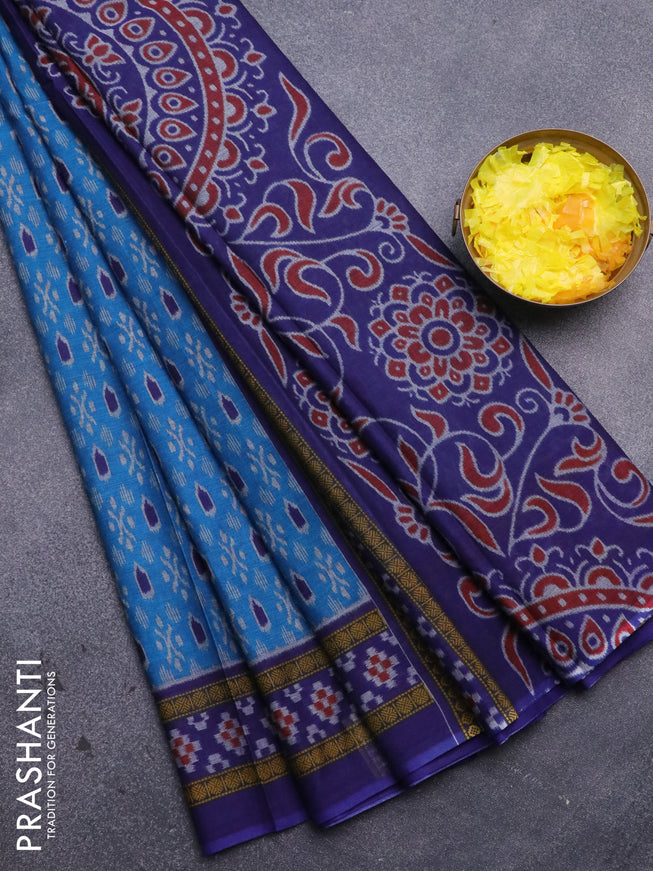 Muslin cotton saree cs blue and blue with allover ikat prints and printed border