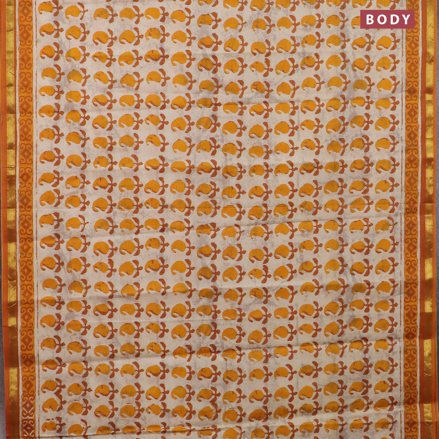 Muslin cotton saree cream and mango yellow with allover paisley butta prints and small zari woven border