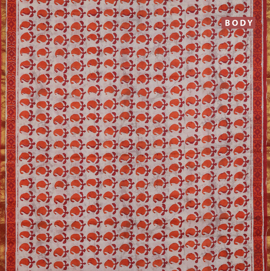 Muslin cotton saree cream and orange red with allover paisley butta prints and small zari woven border