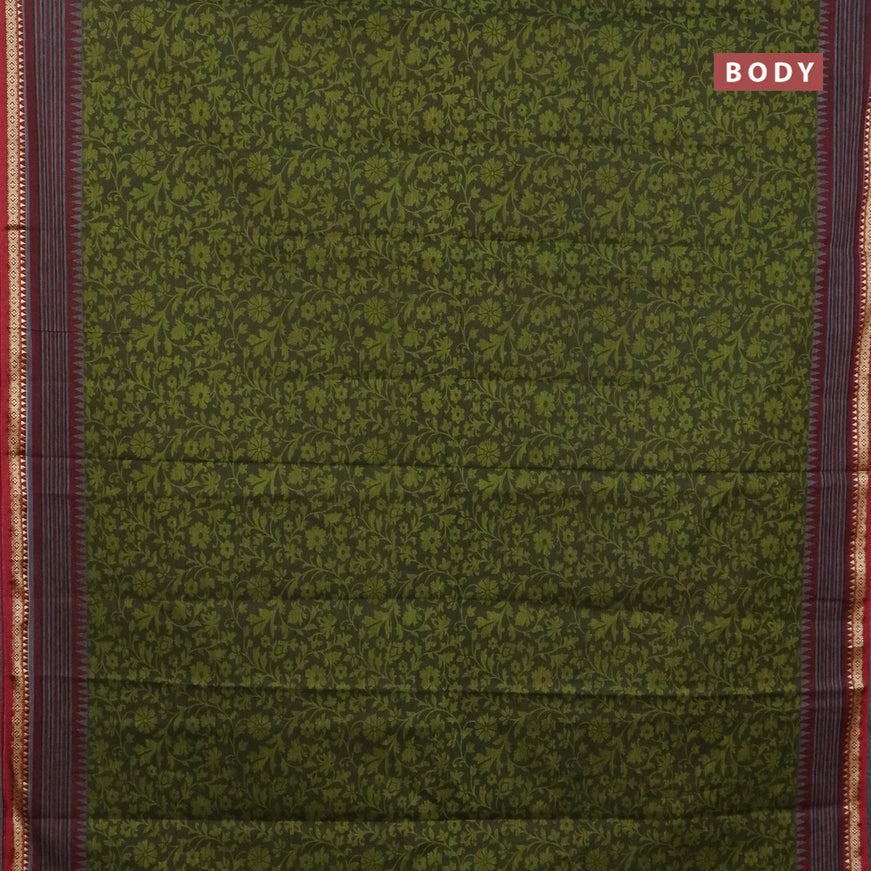 Muslin cotton saree sap green with allover floral prints and thread woven border