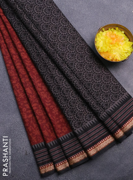 Muslin cotton saree maroon and black with allover floral prints and thread woven border