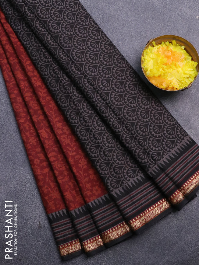 Muslin cotton saree maroon and black with allover floral prints and thread woven border