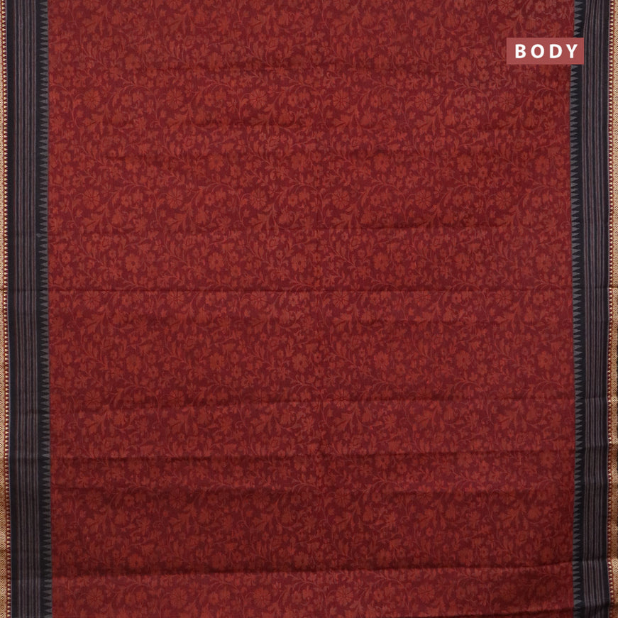 Muslin cotton saree maroon and black with allover floral prints and thread woven border