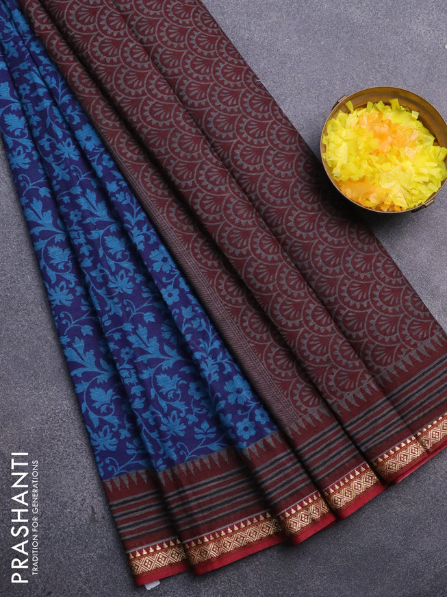 Muslin cotton saree blue and maroon with allover floral prints and thread woven border