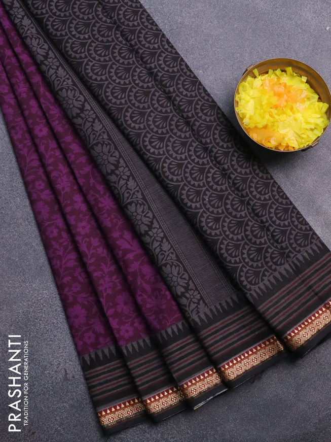 Muslin cotton saree deep purple and black with allover floral prints and thread woven border