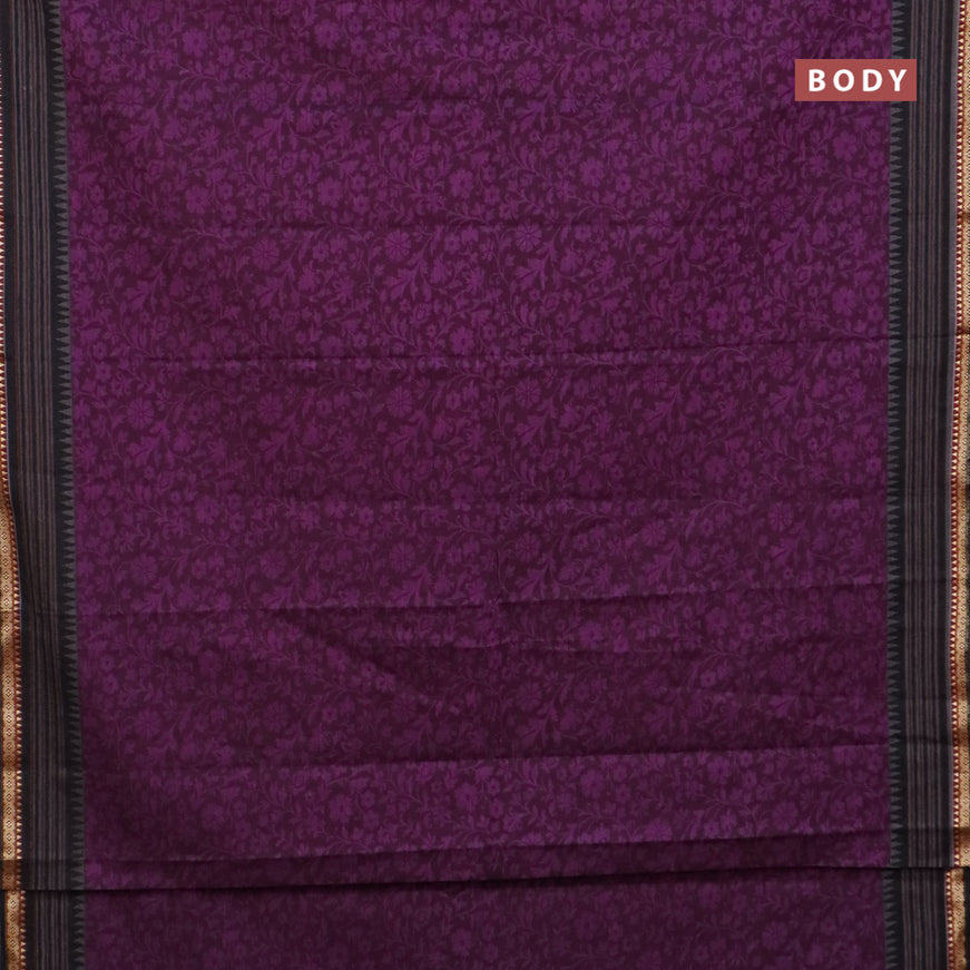 Muslin cotton saree deep purple and black with allover floral prints and thread woven border