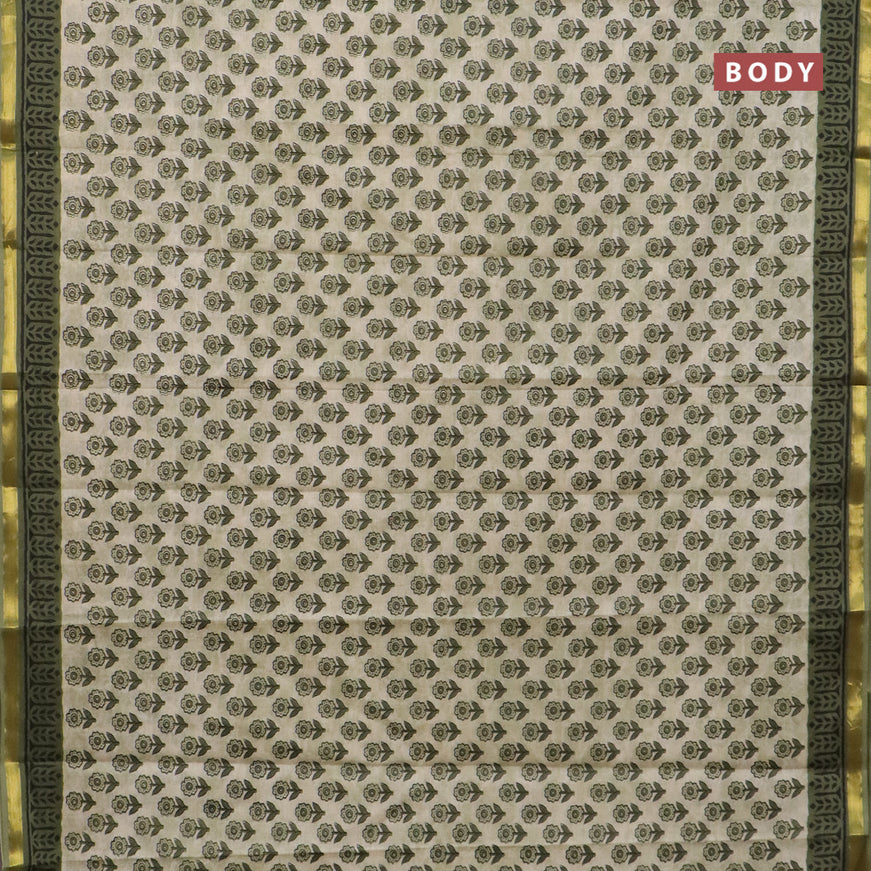 Muslin cotton saree cream and green with allover floral butta prints and small zari woven border