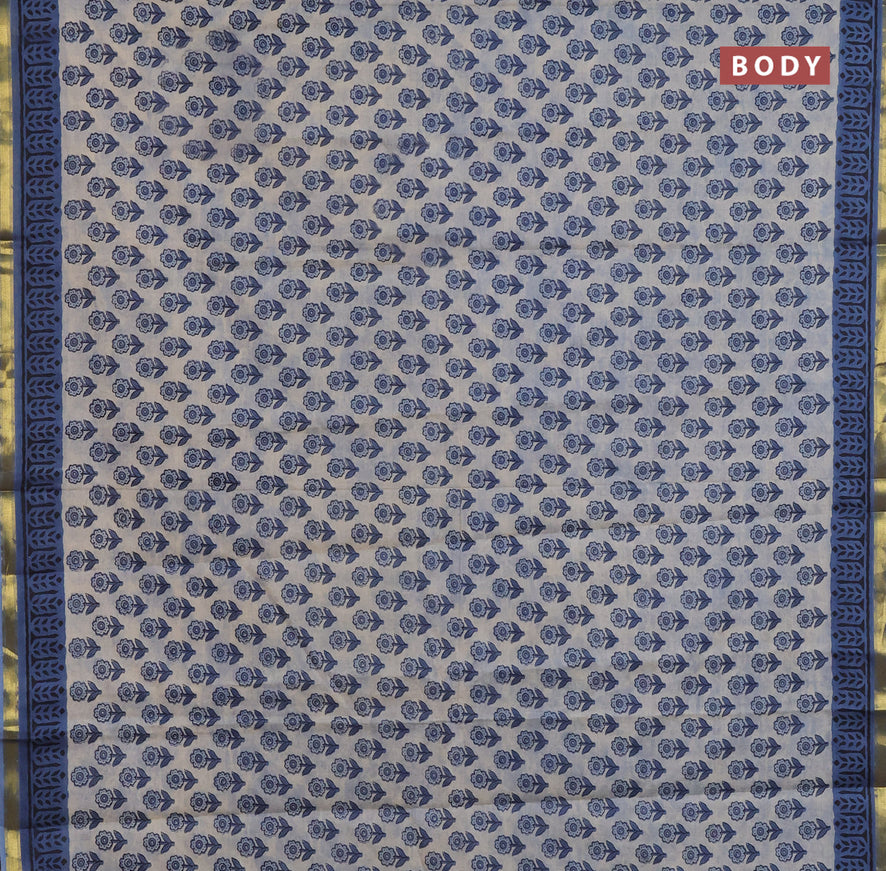 Muslin cotton saree cream and blue with allover floral butta prints and small zari woven border