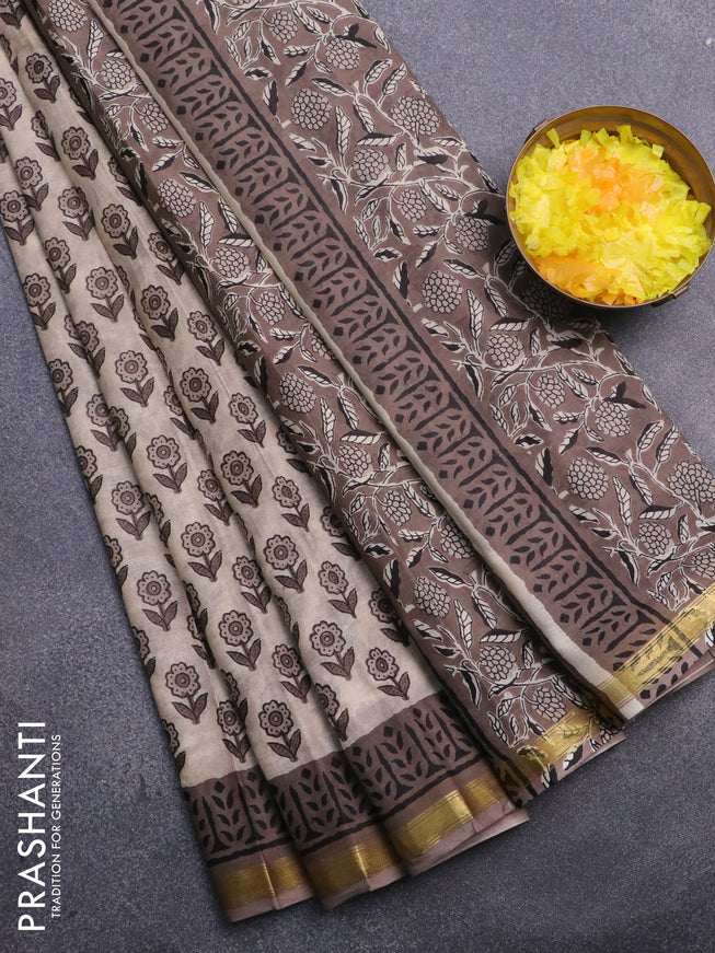 Muslin cotton saree beige and grey with allover floral butta prints and small zari woven border