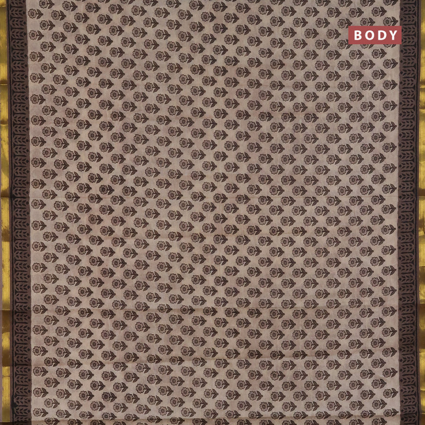 Muslin cotton saree beige and grey with allover floral butta prints and small zari woven border