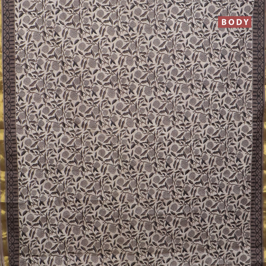 Muslin cotton saree beige and grey with allover floral prints and small zari woven border