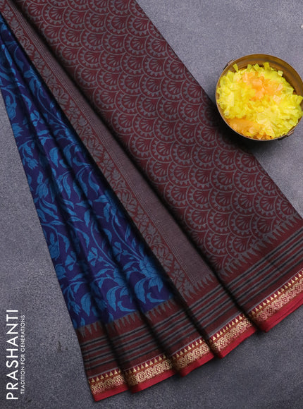 Muslin cotton saree blue and maroon with allover floral prints and thread woven border