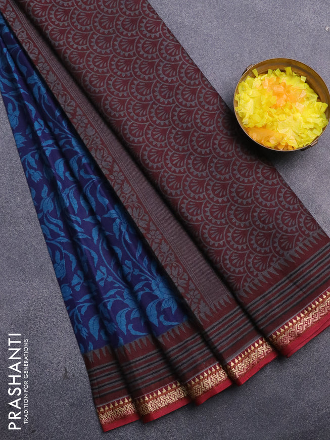 Muslin cotton saree blue and maroon with allover floral prints and thread woven border