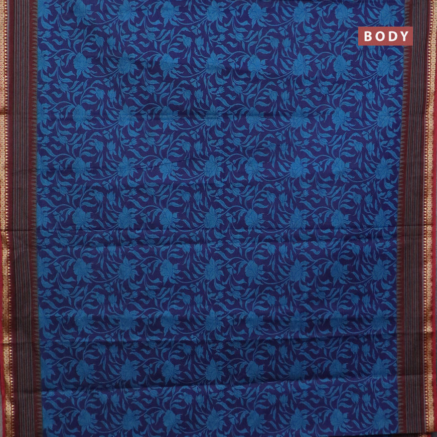 Muslin cotton saree blue and maroon with allover floral prints and thread woven border