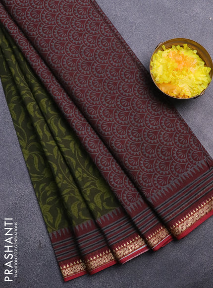 Muslin cotton saree sap green and maroon with allover floral prints and thread woven border